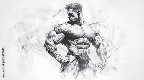 Monochromatic illustration of a muscular bodybuilder posing.