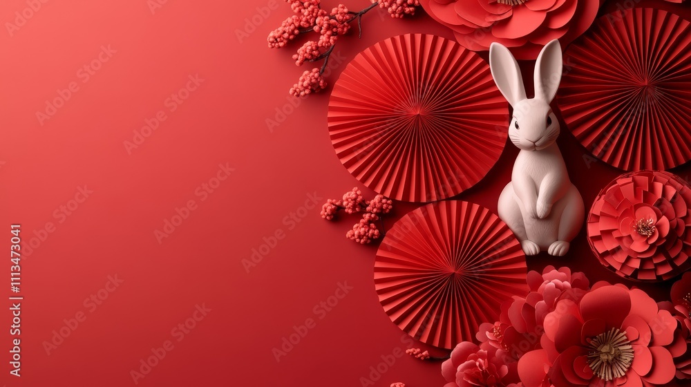 Obraz premium Lunar New Year A rabbit is sitting in a red background with red paper fans