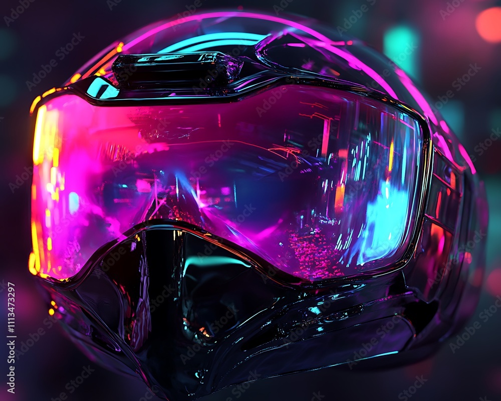 Vivid 3D Rendering of Cyberpunk-Style Visor with Neon Colors Vivid 3D Rendering of Cyberpunk-Style Visor with Neon Colors