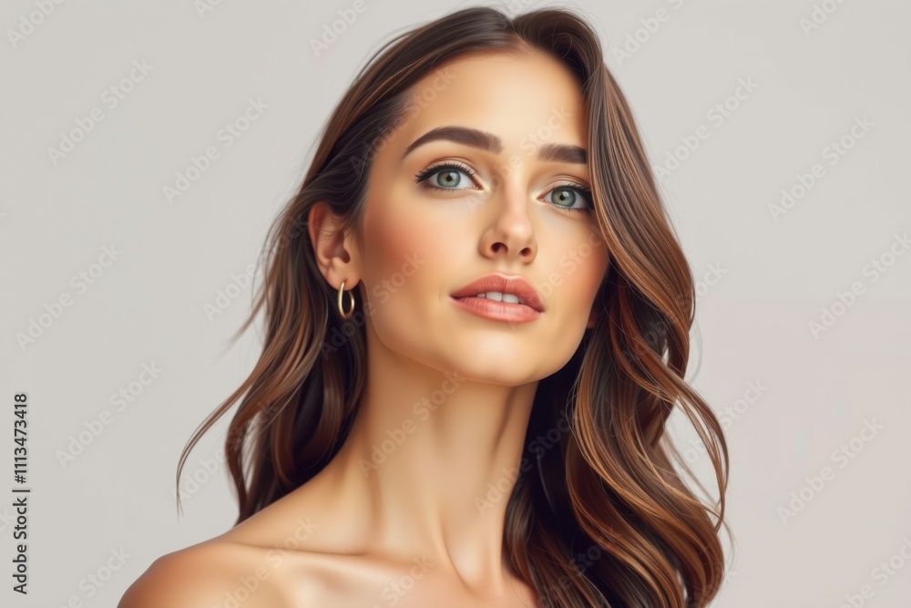 Studio portrait of a stunning female fashion model with captivating blue eyes, wavy beautiful hair, and elegant jewelry. Perfect for beauty, skincare, and cosmetic advertising. Studio portrait of a stunning female fashion model with captivating blue eyes, wavy beautiful hair, and elegant jewelry. Perfect for beauty, skincare, and cosmetic advertising.