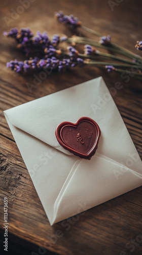Vintage-style envelope sealed with a red heart-shaped wax stamp, paired with fresh lavender sprigs on a rustic wooden surface. Perfect for romantic letters and nostalgic themes