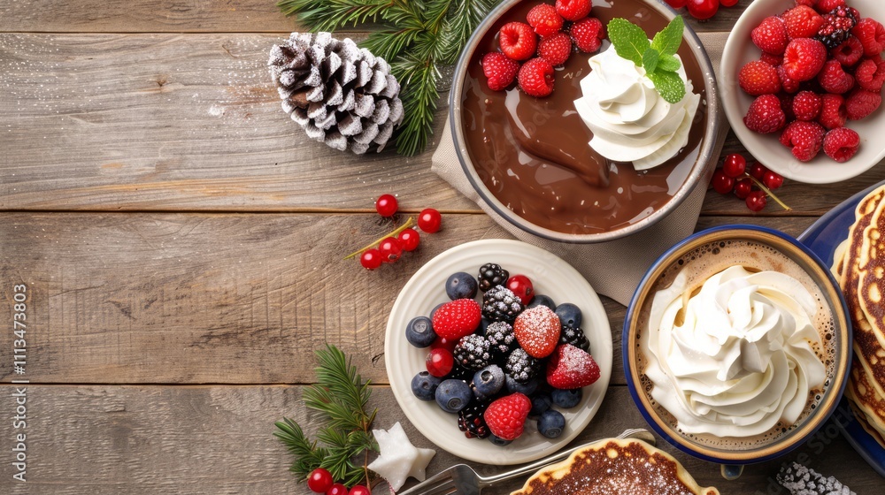 Assorted Delicious Desserts Featuring Chocolate Pudding, Fresh Berries, Whipped Cream, and Festive Decorations on Rustic Wooden Table Assorted Delicious Desserts Featuring Chocolate Pudding, Fresh Berries, Whipped Cream, and Festive Decorations on Rustic Wooden Table