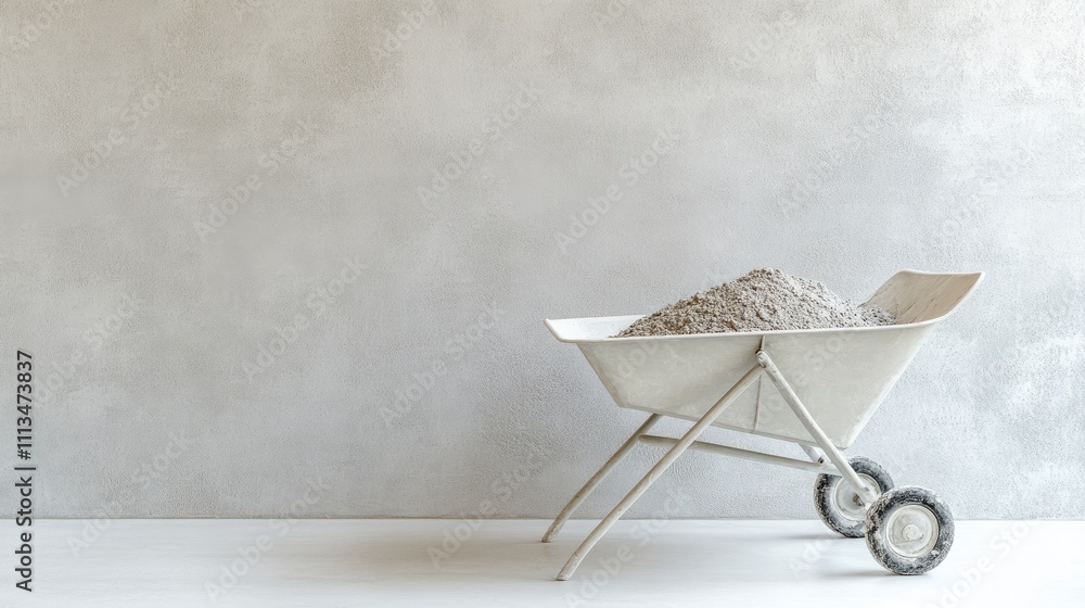 Empty Wheelbarrow with Construction Material against Gray Wall Empty Wheelbarrow with Construction Material against Gray Wall