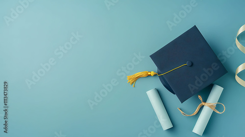 Graduation Cap and Diploma on a Blue Background