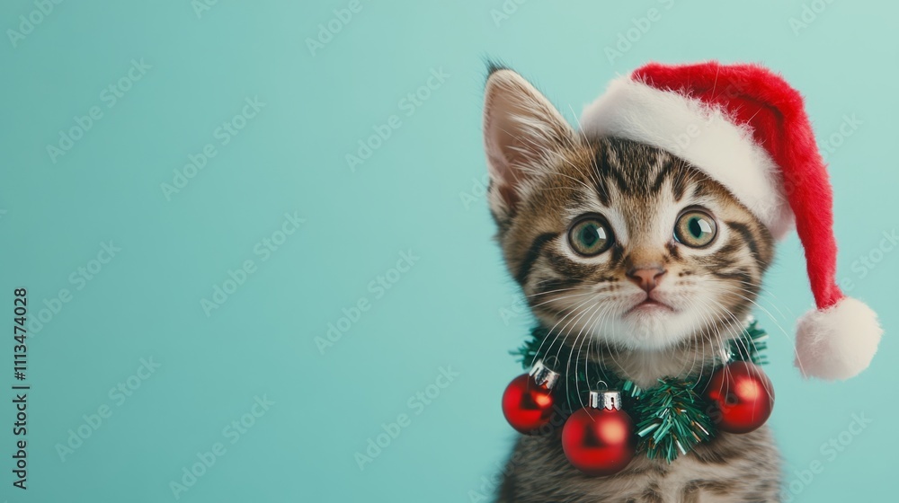 Festive kitten in a Santa Claus hat with Christmas decorations. The photo shows a cute kitten wearing a red Santa hat and a necklace decorated with Christmas baubles. Ideal for the holiday season. Festive kitten in a Santa Claus hat with Christmas decorations. The photo shows a cute kitten wearing a red Santa hat and a necklace decorated with Christmas baubles. Ideal for the holiday season.
