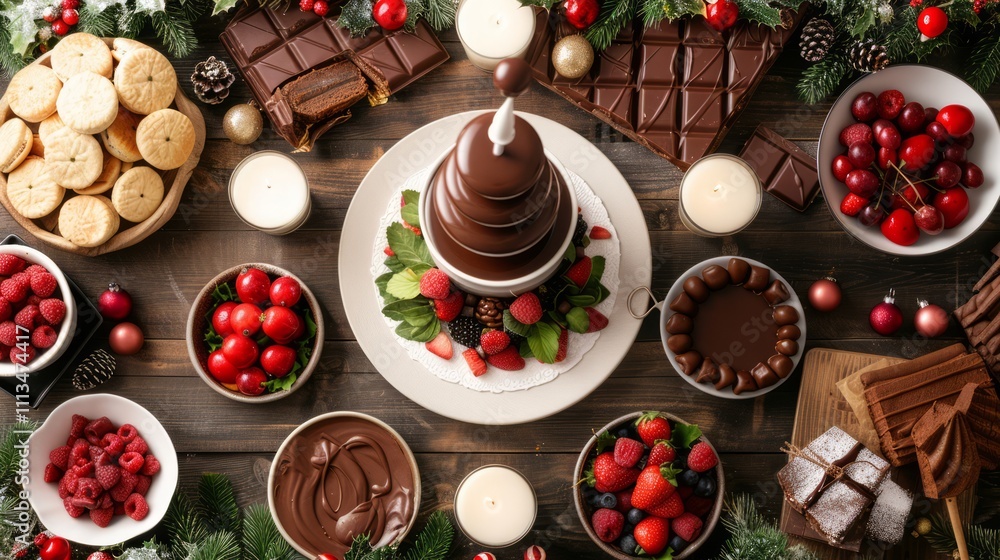 Indulgent Chocolate Fountain Surrounded by Fresh Berries, Cookies, and Holiday Decorations on a Rustic Wooden Table Indulgent Chocolate Fountain Surrounded by Fresh Berries, Cookies, and Holiday Decorations on a Rustic Wooden Table