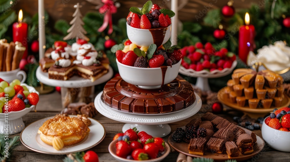 A Festive Dessert Table Decorated with a Tower of Fresh Fruits, Chocolates, and Various Sweet Treats Surrounded by Holiday Decorations and Candles A Festive Dessert Table Decorated with a Tower of Fresh Fruits, Chocolates, and Various Sweet Treats Surrounded by Holiday Decorations and Candles