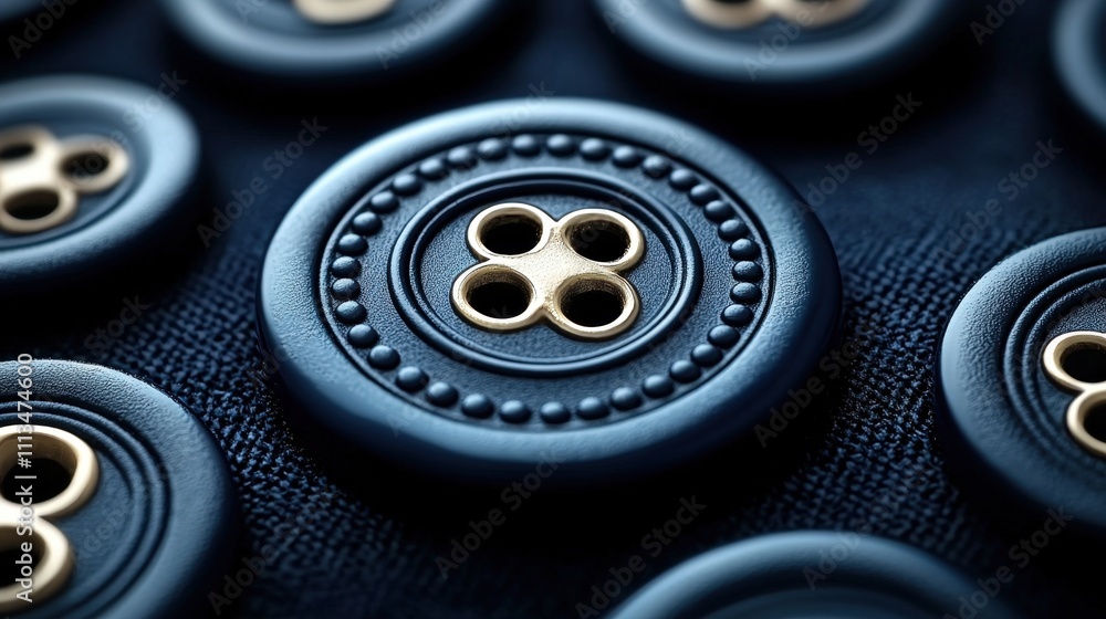 Intricate blue buttons with gold accents on textured surface Intricate blue buttons with gold accents on textured surface