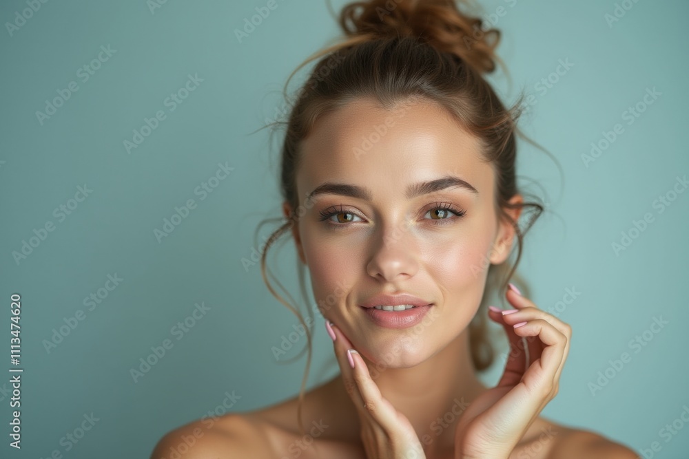 Natural beauty portrait of a young woman with glowing skin, radiant smile, and relaxed messy bun hairstyle, ideal for skincare, wellness, and beauty concepts. Natural beauty portrait of a young woman with glowing skin, radiant smile, and relaxed messy bun hairstyle, ideal for skincare, wellness, and beauty concepts.