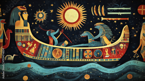 Ancient Egypt papyrus cartoon vector with hieroglyphs and Egyptian culture religious symbols, Ra, sun god at night sails in boat on underground river and fights with chaos god serpent Apophis photo