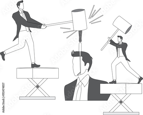 Headaches, nagging worries or troubles, schizophrenia or mental illness, mental health or psychological problems, depression, work anxiety or stress, two businessmen in a tug-of-war tearing the heads 