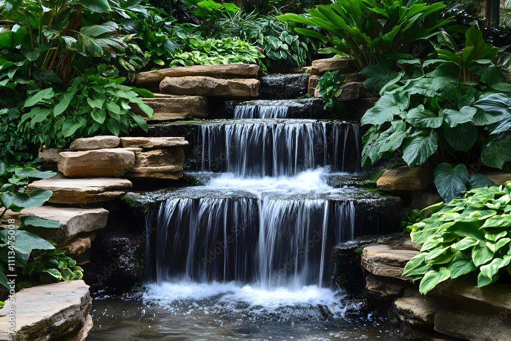 Gentle waterfalls flow over rocks, creating a peaceful oasis of vibrant plants and tranquility Gentle waterfalls flow over rocks, creating a peaceful oasis of vibrant plants and tranquility