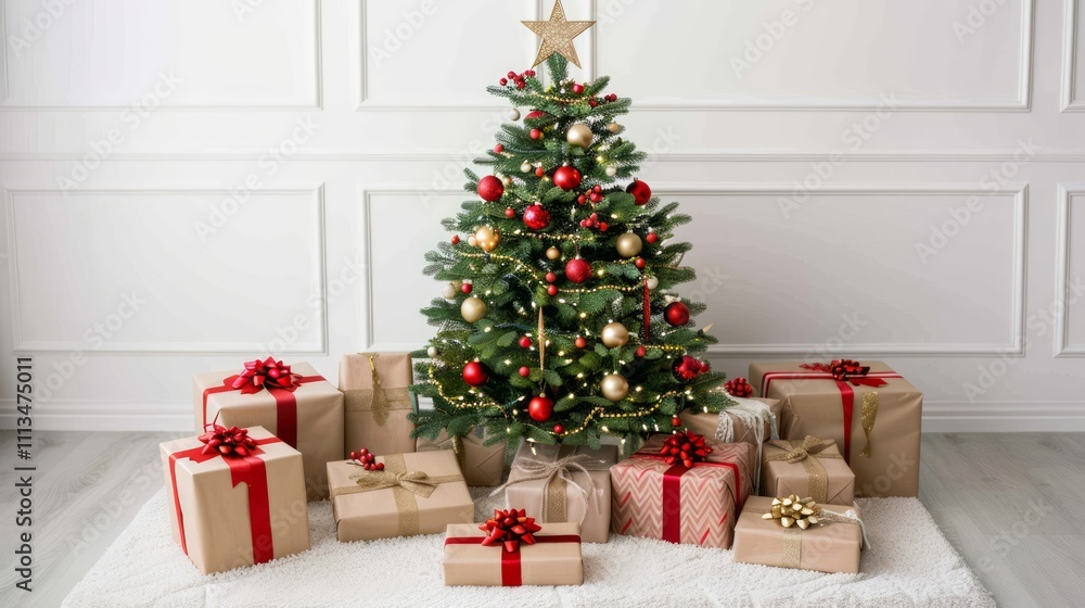 Festive Christmas Tree Adorned with Red and Gold Decorations Surrounded by Beautifully Wrapped Presents in a Cozy Living Room Setting Festive Christmas Tree Adorned with Red and Gold Decorations Surrounded by Beautifully Wrapped Presents in a Cozy Living Room Setting