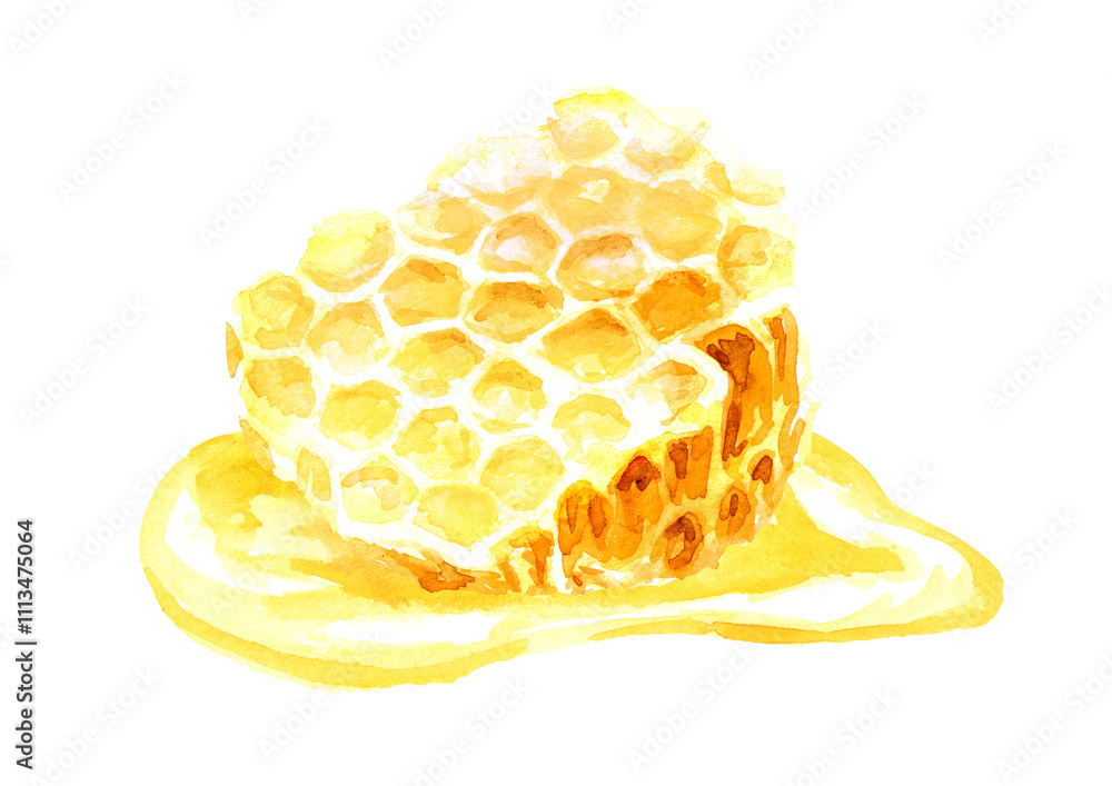 Sweet honey, fresh raw honeycomb. Watercolor hand drawn illustration, isolated on white background Sweet honey, fresh raw honeycomb. Watercolor hand drawn illustration, isolated on white background