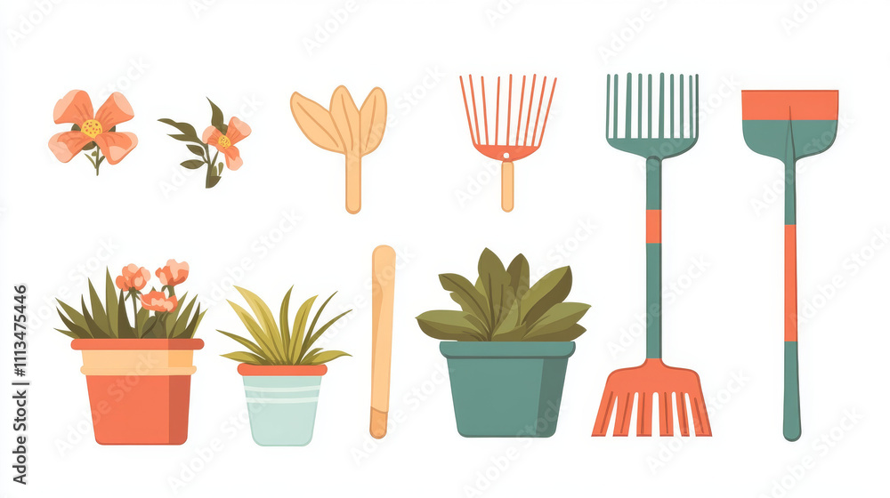 Greenhouse garden rake, shovel and flower nursery vector tool icon. Isolated bucket, spade and flowerpot for care and cultivation hobby collection. Agronomy interior object props set for game Greenhouse garden rake, shovel and flower nursery vector tool icon. Isolated bucket, spade and flowerpot for care and cultivation hobby collection. Agronomy interior object props set for game