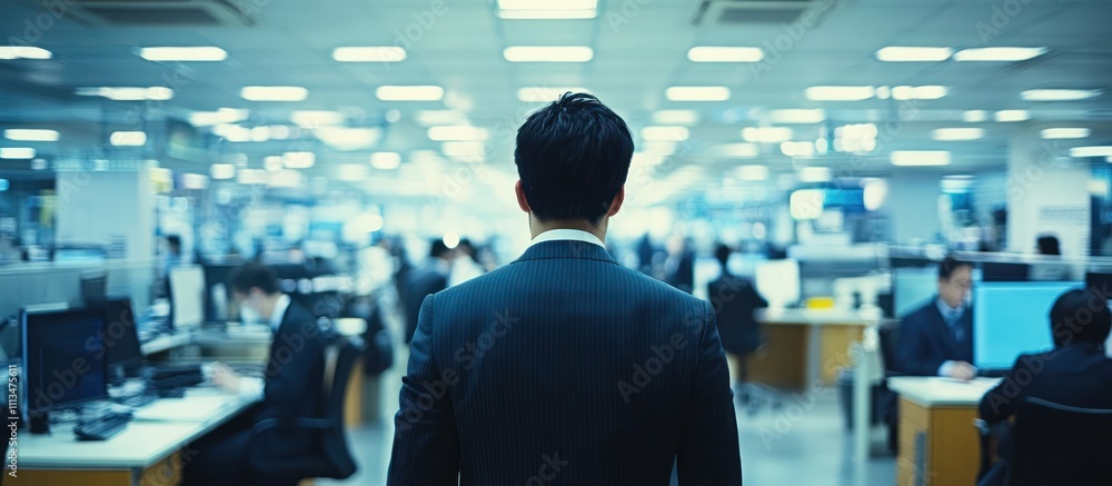 A businessman walking away from his desk, leaving behind a busy office with other employees working. A businessman walking away from his desk, leaving behind a busy office with other employees working.