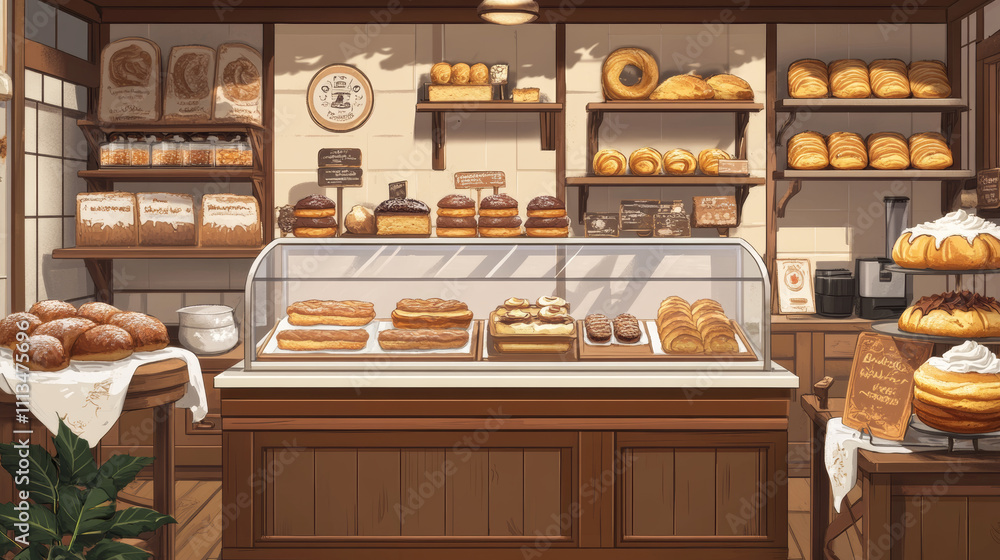Bakery shop interior with cake, donut and bread showcase cartoon set. Cafe store inside furniture with counter and shelves for dessert display design illustration. Empty shelf for french croissant Bakery shop interior with cake, donut and bread showcase cartoon set. Cafe store inside furniture with counter and shelves for dessert display design illustration. Empty shelf for french croissant