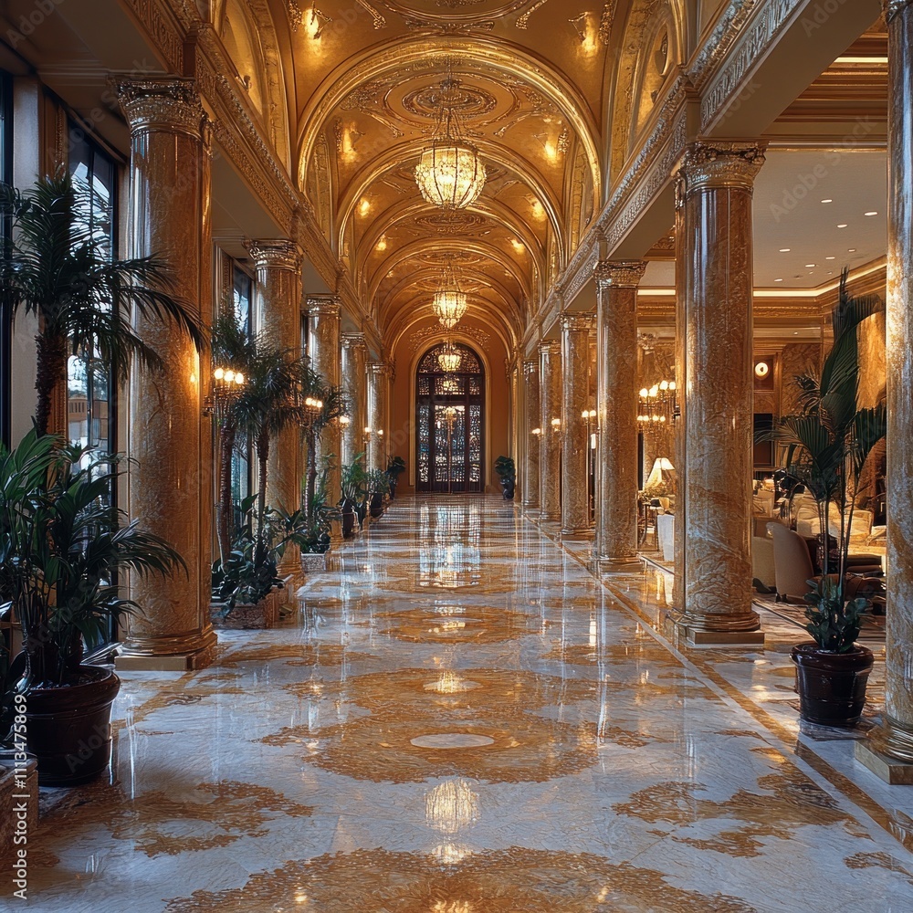 Obraz premium Elegant hallway with marble flooring and ornate columns, illuminated by chandeliers.