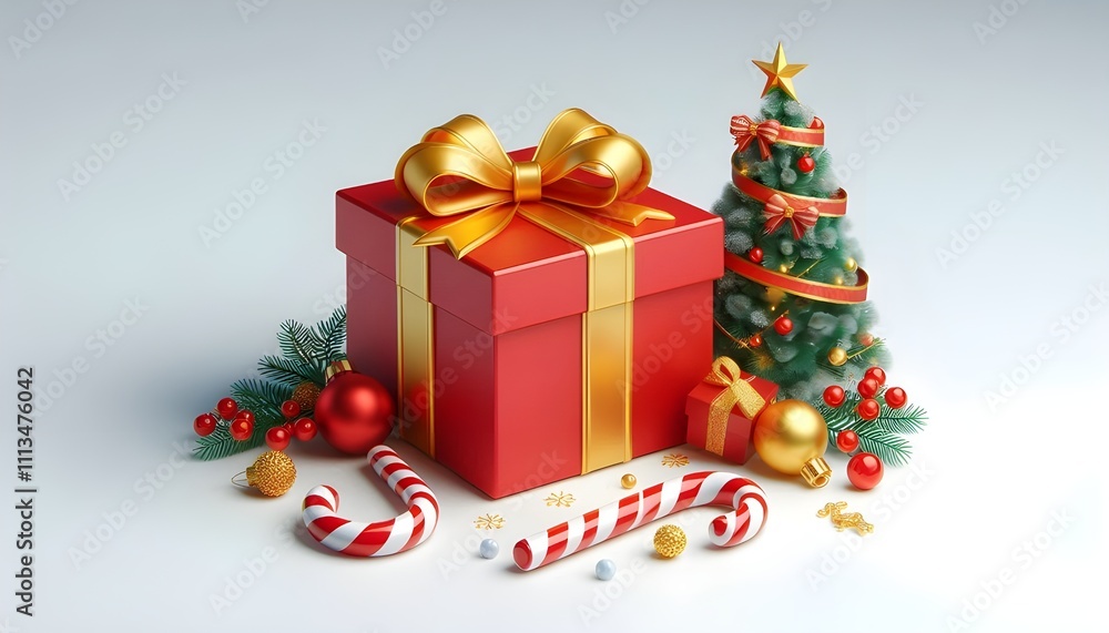Red gift box with yellow ribbon, Christmas tree, candy canes, and ornaments on white background. Concept of festive holiday celebration. 3D Rendering Red gift box with yellow ribbon, Christmas tree, candy canes, and ornaments on white background. Concept of festive holiday celebration. 3D Rendering