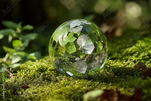 Crystal globe glass on green moss in forest to protect nature Save and care World for sustainable. concept of the environment ecology and Earth Day 