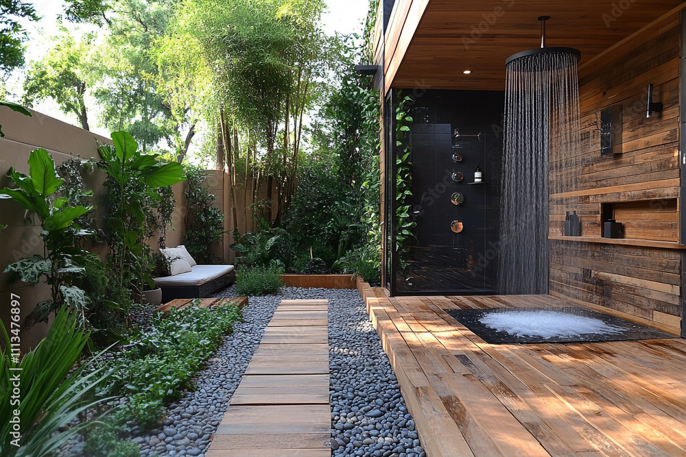 Fototapeta premium Serene Outdoor Shower with Garden Path and Seating Area