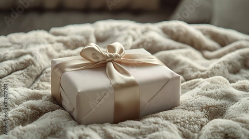 A beautifully wrapped gift with an elegant bow sits on a plush velvet surface, emanating love and celebration, perfect for anniversaries or romantic events.