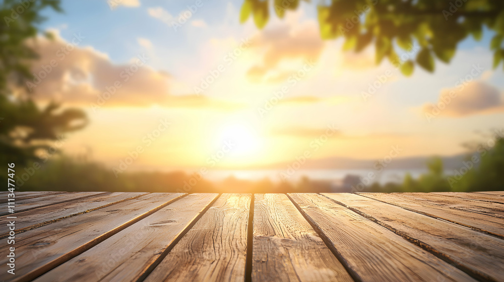 Wooden Tabletop Overlooking a Scenic Sunset Landscape Wooden Tabletop Overlooking a Scenic Sunset Landscape