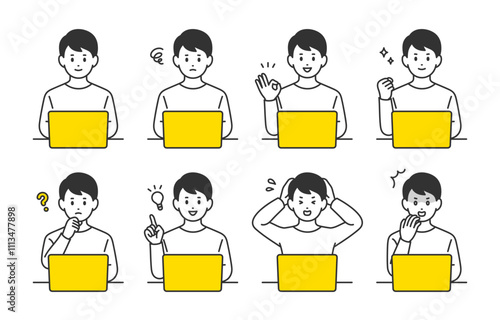 パソコンを見ながらいろいろな表情･ポーズをする若い男性のセット【人物ベクターイラスト素材】