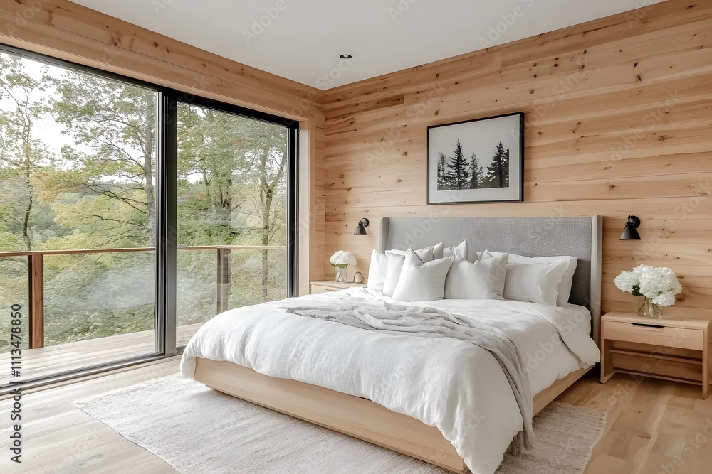 Serene Modern Bedroom with Large Windows Overlooking Lush Greenery, Featuring a Cozy Bed with White Linens, Minimalist Decor, and Natural Light Streaming. Serene Modern Bedroom with Large Windows Overlooking Lush Greenery, Featuring a Cozy Bed with White Linens, Minimalist Decor, and Natural Light Streaming.