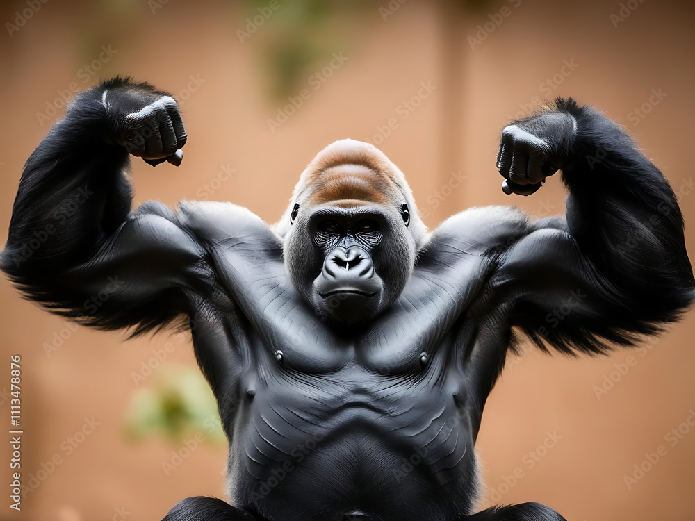 Fototapeta premium Muscle gorilla showcasing strength zoo encounter wildlife photography natural habitat close-up animal power concept