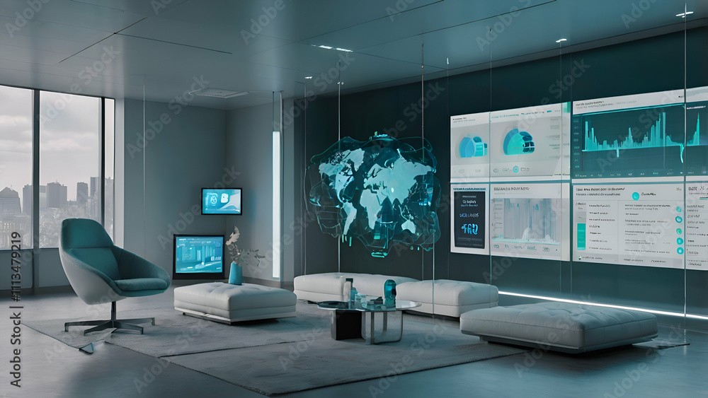 Strategic Office Space: A minimalist room with interactive maps and digital panels displaying world data. Strategic Office Space: A minimalist room with interactive maps and digital panels displaying world data.