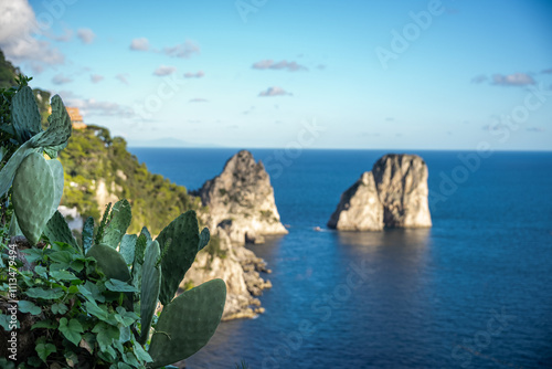 Aerial view of beautiful coastal cliffs  faraglioni di mezzo in Capri Island, Italy. photo