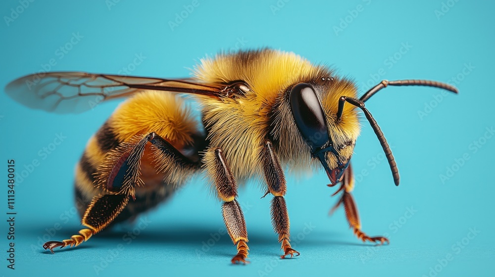 Vibrant macro of a detailed bee on a bright blue background Vibrant macro of a detailed bee on a bright blue background
