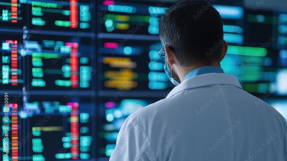 A healthcare professional analyzes data on multiple screens, reflecting advanced technology in a medical or research setting. A healthcare professional analyzes data on multiple screens, reflecting advanced technology in a medical or research setting.