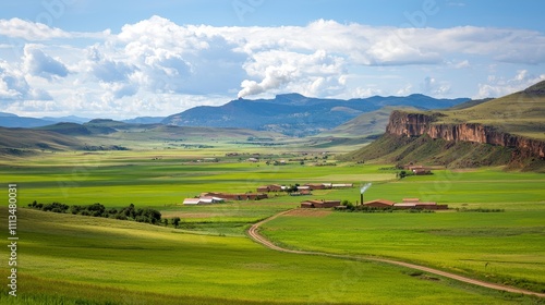 Rural homesteads in a serene valley scenic landscape photography nature's quiet beauty daytime view tranquility concept