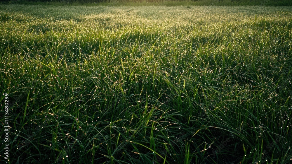 A wide shot of a grassy field covered in dew, with the first light of dawn creating a serene atmosphere