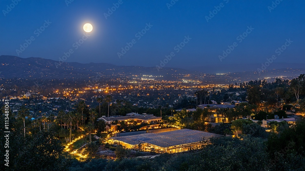 Obraz premium Panoramic view of a city at night with a full moon, illuminated houses and buildings, and mountains in the background.