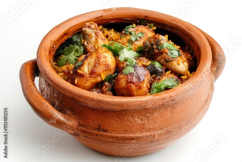 Dum Handi chicken Biryani is prepared in an earthen or clay pot called Haandi. Popular Indian non vegetarian food  photo