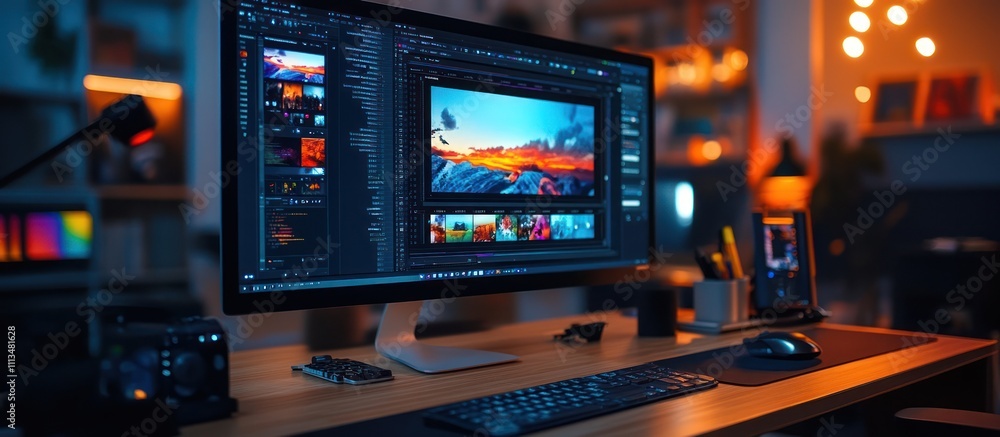 A computer desktop with a large monitor displaying an image editing software interface, a keyboard, a mouse, and a camera. A computer desktop with a large monitor displaying an image editing software interface, a keyboard, a mouse, and a camera.