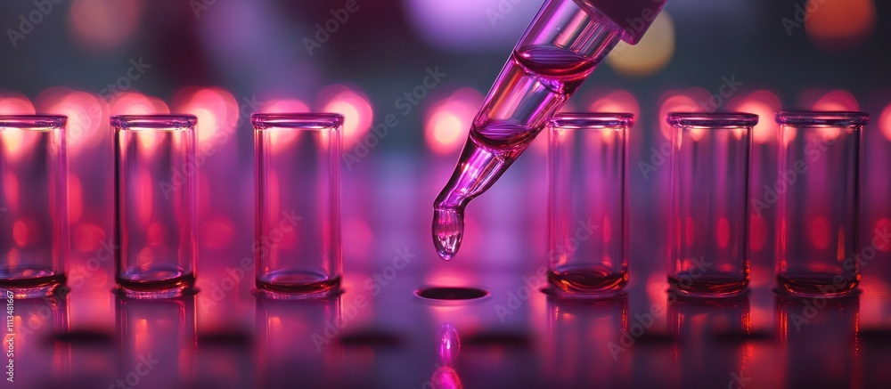 Dropper dispensing liquid into a test tube in a laboratory setting with blurred background and pink bokeh lights. Dropper dispensing liquid into a test tube in a laboratory setting with blurred background and pink bokeh lights.
