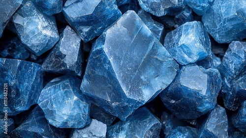Close-up of raw blue sapphire crystals sparkling in natural light