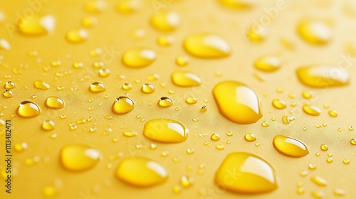 Macro close-up of water drops on bright yellow background, high-resolution transparent droplets, vibrant texture for creative design and visual projects