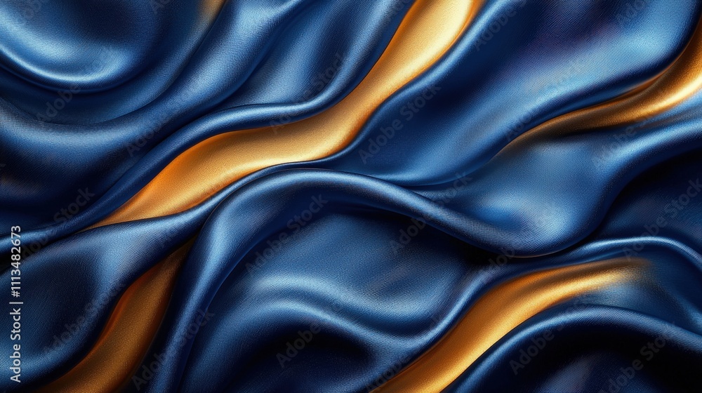 Obraz premium Luxurious blue and gold satin fabric waves creating elegant abstract textures