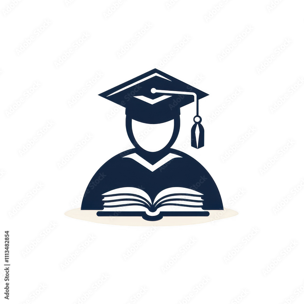 Black icon of Graduation Cap with book png Minimalist flat icon, vector logo style sign clipart on a transparent background