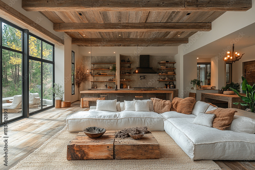 Rustic Living Room Design With Exposed Beams and Large Windows Rustic Living Room Design With Exposed Beams and Large Windows