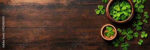 Clover leaves on rustic wooden table for st. patrick's day celebration. Happy St. Patrick's Day. Saint Patrick