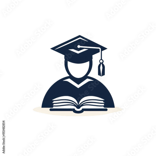 Black icon of Graduation Cap with book  png Minimalist flat icon, vector logo style sign clipart on a transparent background