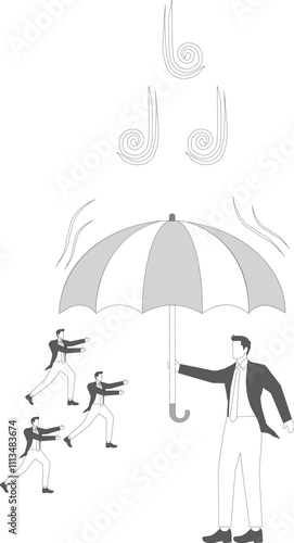 Providing shelter and protection, security and protection, insurance and support in business or career development, help and support from giants, giants with umbrellas for a group of small businessmen