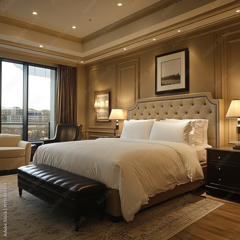 Fototapeta premium Luxurious hotel bedroom featuring a plush bed, elegant decor, and large windows.