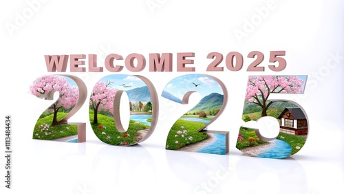 A vibrant and festive scene celebrates the arrival of 2025 with the bold text 